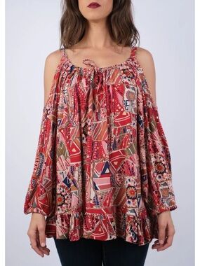 Sacred Threads Red Patchwork Cold-Shoulder Tunic